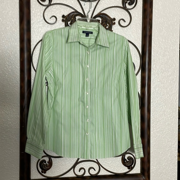 Women’s size 10 Lands’ End green/white pinstripe button-down long sleeve shirt - Picture 1 of 11